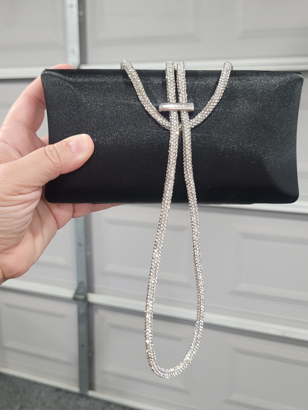 Elegant Black Satin Evening Clutch with Rhinestone Chain